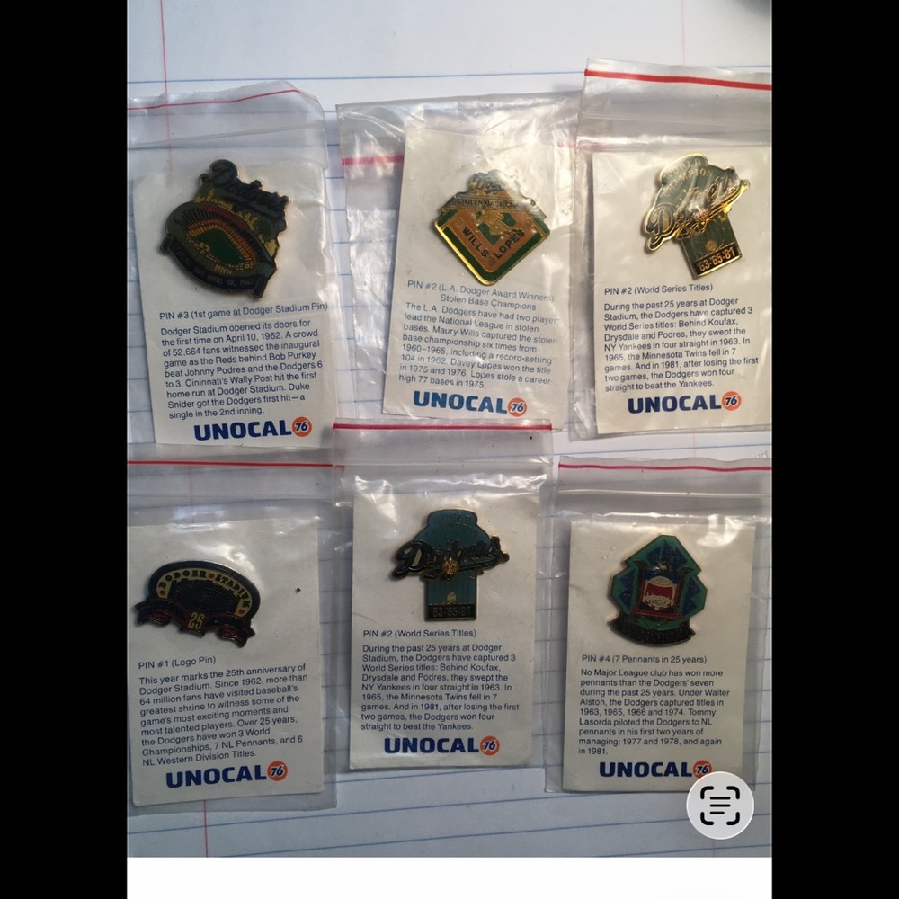 6 UNOCAL Vintage Dodgers Baseball Collector Pins - Multicolor Set